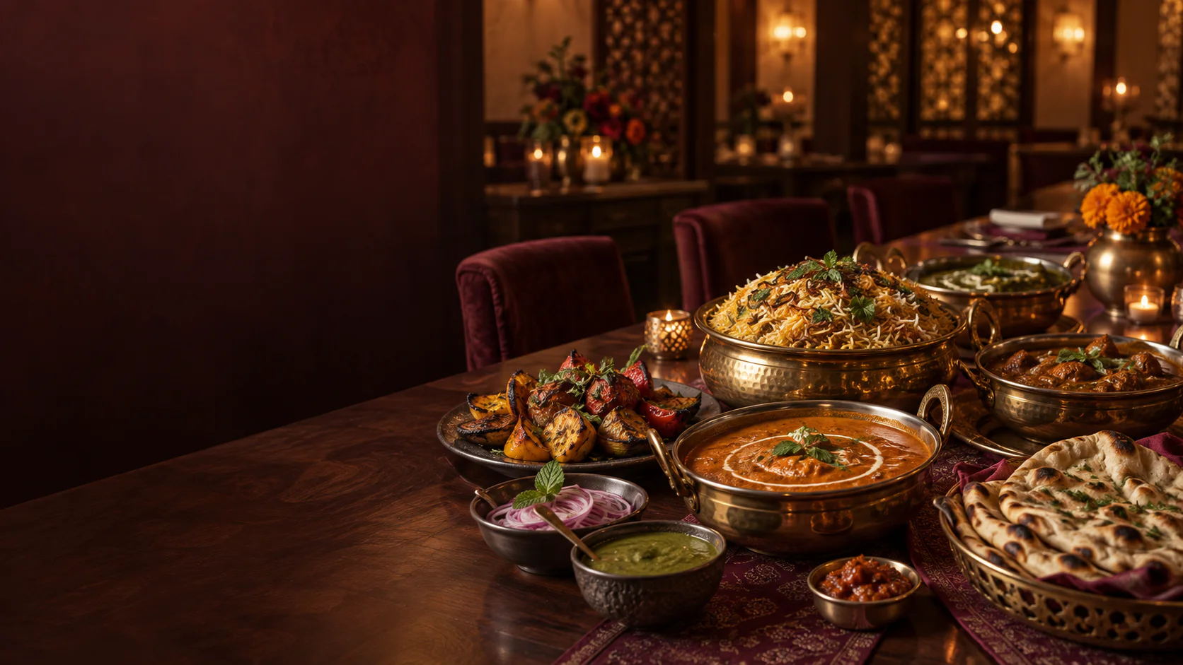 Atmospheric Indian spread with biryani, curries, naan, and chutneys