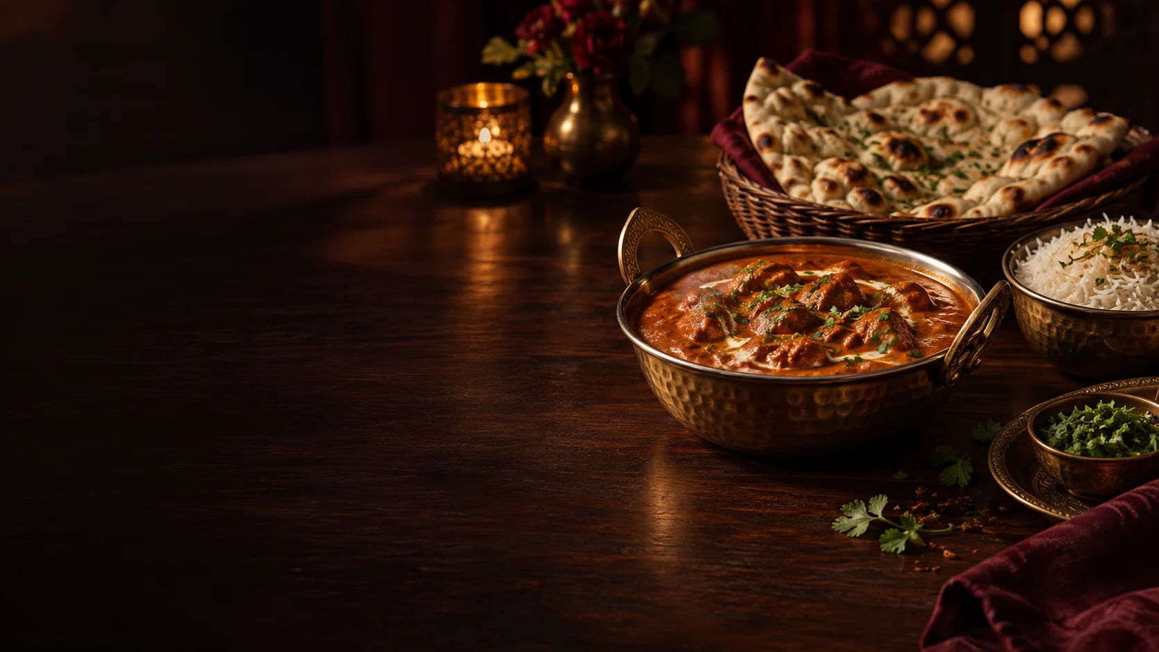 Atmospheric Indian dinner spread with curry, naan, and rice